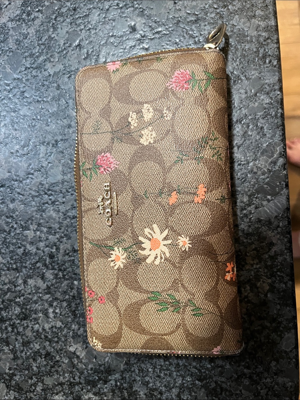 Coach Brown Signature Floral Long Zip Around Wallet with Pink and White Accents